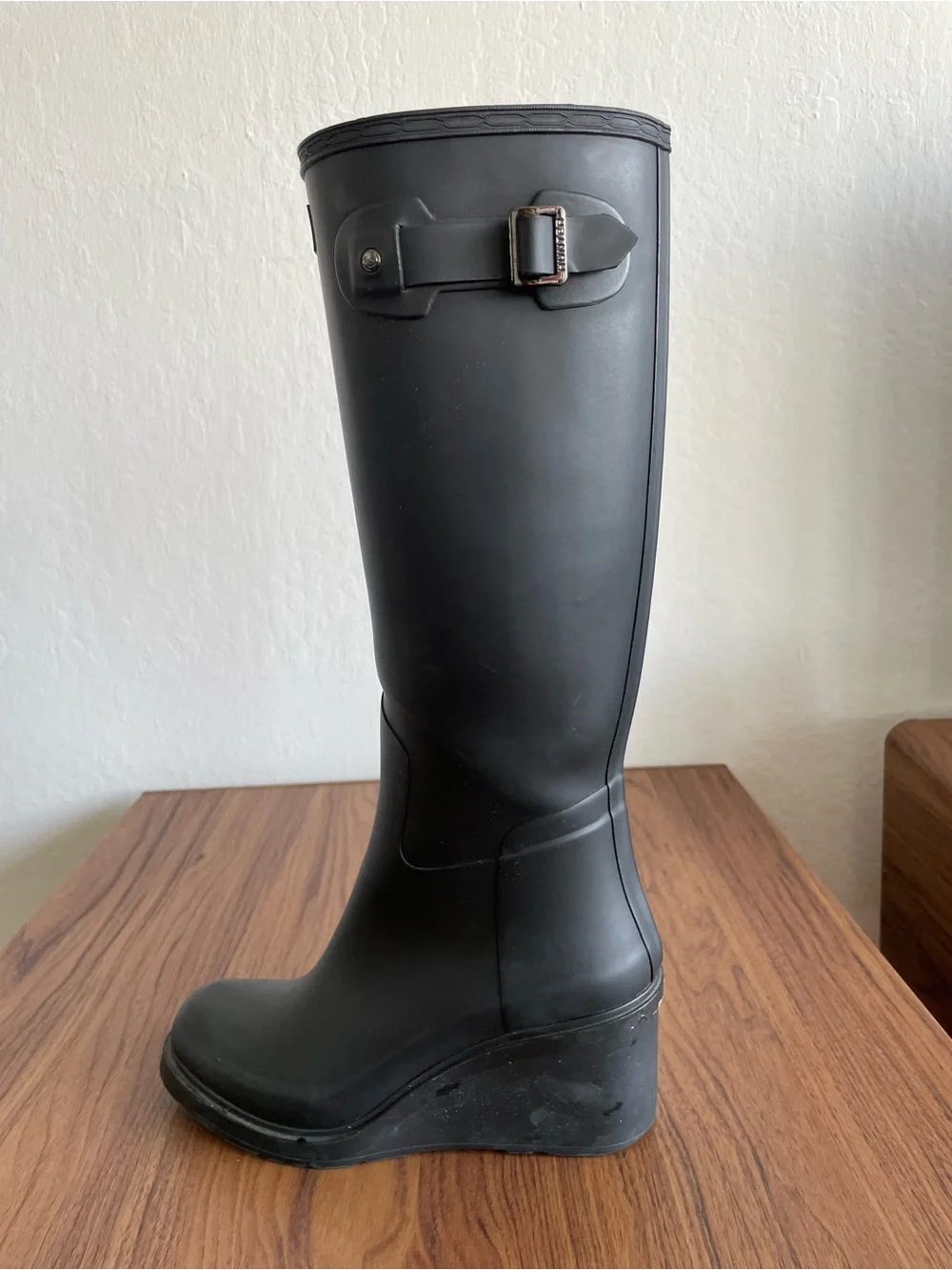 Hunter Matte Black Tall Wedge Rubber Rain Boots